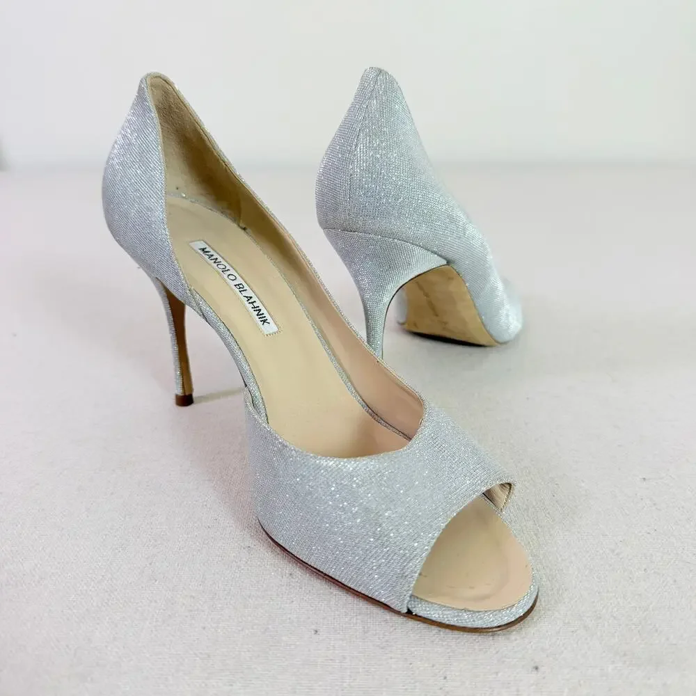 Manolo Blahnik Silver Metallic D'Orsay Peep Toe Stiletto Heels Women's EU 40.5